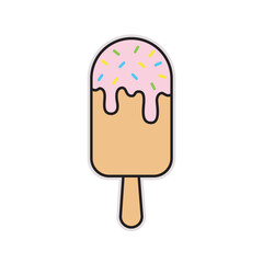 Sweet and colorful flat design vector illustration of a popsicle or ice cream bar dipped in pink frosting and covered with multicolored sprinkles, symbolizing summer, treats, and cold refreshment.