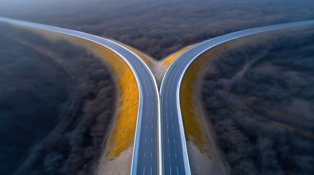 Aerial view of empty highway intersection with two diverging roads, surrounded by autumn forest, misty atmosphere, and vibrant yellow grass along roadside