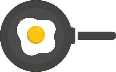 Top-view flat design vector illustration of a freshly cooked fried egg with bright yellow yolk in a dark grey frying pan, symbolizing quick breakfast and kitchen cooking processes.