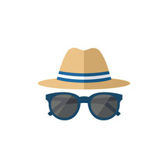 Flat design vector illustration featuring a beige fedora or summer hat with a blue band paired with dark blue sunglasses, symbolizing travel, summer vacation, fashion, anonymity.