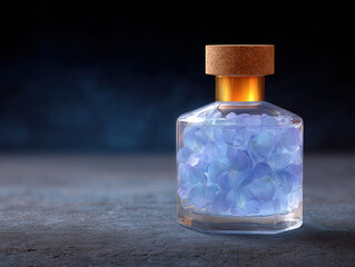 Glass bottle with cork lid filled with delicate blue hydrangea petals, placed on textured surface, soft lighting creates calm, elegant, and tranquil atmosphere