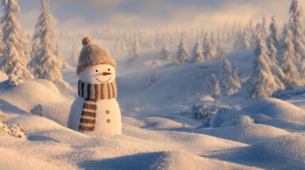 Charming knitted snowman wearing a striped scarf and beanie stands alone in a snowy winter forest landscape