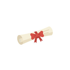 Flat design vector illustration of a rolled up parchment diploma or certificate tied with a ceremonial red ribbon bow, symbolizing graduation, education, achievement, and academic success.