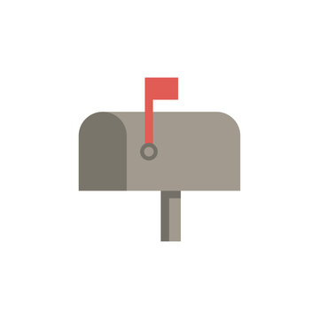 Simple flat design vector illustration of a grey, residential, rural mailbox with the red flag raised, symbolizing mail delivery, new messages, post service, and home correspondence.
