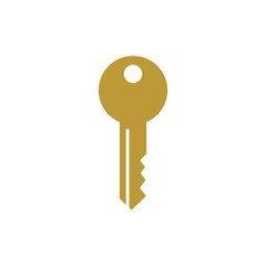 Simple gold silhouette vector icon of a house or door key, symbolizing security, access, ownership, solution, locking mechanism, and the concept of finding the right answer on a white background.