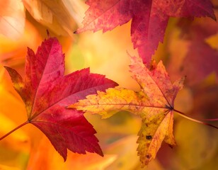 Colorful autumn leaves display vibrant hues of red, orange, and yellow with soft bokeh