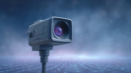 Security camera surveillance technology lens digital monitoring futuristic blue focus electronic Security camera with large lens focus set against digital blue background representing modern