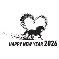 Happy New Year 2026 Galloping Horse Silhouette with Magic Star Heart Trail Vector Illustration