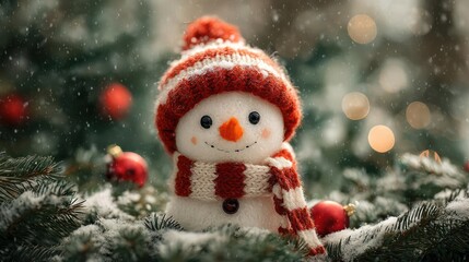 Adorable knitted snowman wearing a red and white striped hat and scarf sits in a snowy evergreen forest with bokeh lights