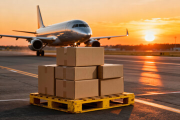 Hopeful cargo plane loading process at an airport tarmac during golden sunset part of international shipping logistics