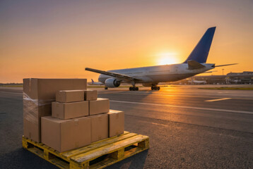 Cargo plane loading process at airport. hopeful view of global shipping and transport logistics at sunrise