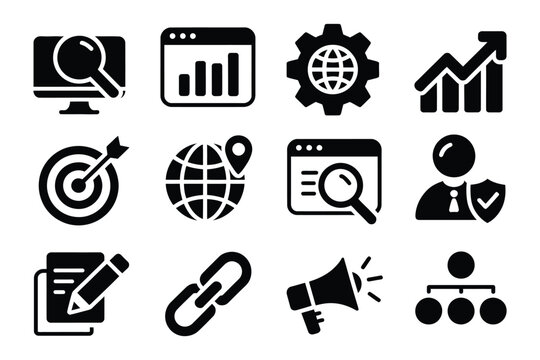 SEO icon set for digital marketing, glyph icons collection representing search engine optimization, web analytics, keyword research, link building, content creation, and promotion, vector illustration