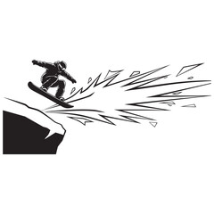 Snowboarder performing a high jump stunt from a cliff with dynamic speed motion effects silhouette vector illustration.