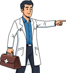 Professional cartoon male doctor holding medical bag and pointing finger, healthcare worker illustration for hospital, clinic and medical services