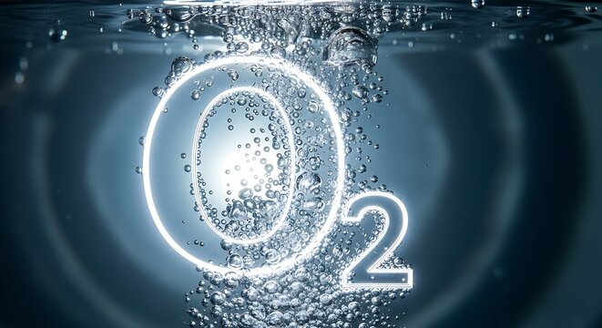 Oxygen molecule in water with bubbles, scientific concept.