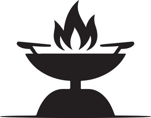 Simple black silhouette icon of a barbecue grill with flames