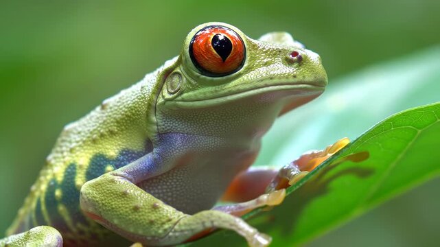 A vibrant close-up of a tree frog with striking orange and black eyes, perched on a green leaf against a blurred background
