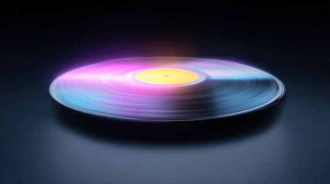 Colorful vinyl record with glowing neon light reflection, spinning on dark background, creating vibrant and nostalgic atmosphere for music lovers and retro enthusiasts