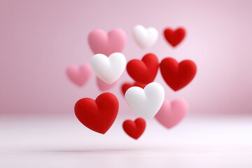 Red, white, and pink heart shapes float against soft pink background, creating romantic and cheerful atmosphere perfect for love, celebration, and Valentine Day themes