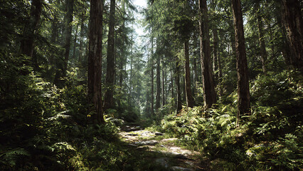 Fototapeta premium Sunlit Forest Path Winding Through Dense Green Woodland