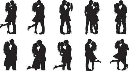 Romantic Silhouettes of Loving Couples Kissing and Embracing in Various Passionate Poses, Symbolizing Love, Romance, Affection, Dating, and Relationship Concepts on a White Background.