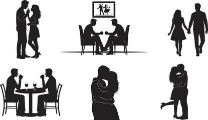 Vector silhouettes set of diverse couples, dating, kissing, holding hands, drinking wine, and dining, including same-sex partners, for love, relationship, and LGBT-themed projects.