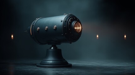 Hyper-realistic futuristic telescope on tall sleek black pedestal with metallic details and subtle glowing lights, immersive exhibition design, cinematic lighting, ultra-detailed textures.