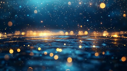 Abstract glittering lights with bokeh effect against a dark blue background with water reflection