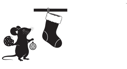 Silhouette of a cute mouse holding a cookie and ornament looking at a hanging Christmas stocking. Vector illustration.