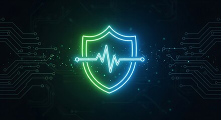 Neon Shield with Heartbeat Line - Cybersecurity and Data Protection Concept.