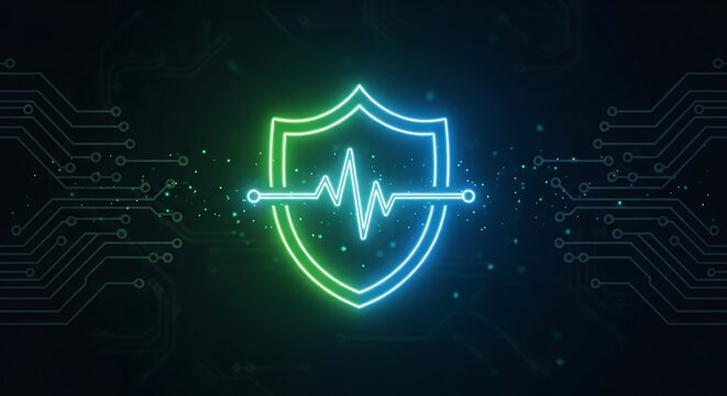Neon Shield with Heartbeat Line - Cybersecurity and Data Protection Concept.