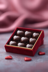 Heart shaped chocolate candy in red velvet box, arranged neatly with romantic and elegant mood, perfect for gift, celebration, or Valentine Day, with soft pink fabric background