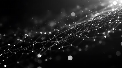 A monochrome abstract network with connecting lines and glowing nodes on a dark background display design