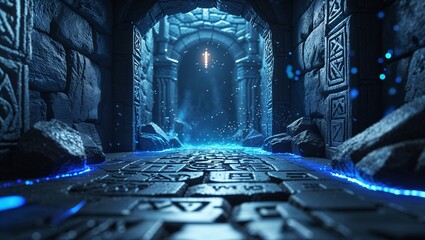 fantasy dungeon hallway with glowing arcane runes carved into stone walls and floor, illuminated by mystical blue light. detailed 3d magical environment with floating particles. no people.