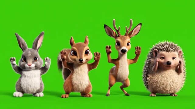 Cute Cartoon Forest Animals Standing on Green Screen Background