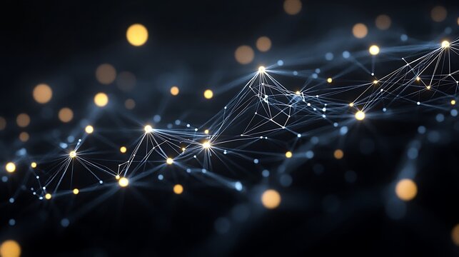 Illuminated network of connected white lines and glowing nodes on a dark background bokeh effect