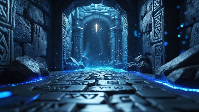 fantasy dungeon hallway with glowing arcane runes carved into stone walls and floor, illuminated by mystical blue light. detailed 3d magical environment with floating particles. no people.