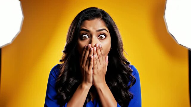 Stunning and surprised woman in blue shirt with a shocked expression on her face