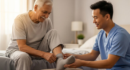 Friendly caregiver assisting a cheerful senior man with his socks in a home setting. This image represents compassionate elderly care, nursing, and assisted living support