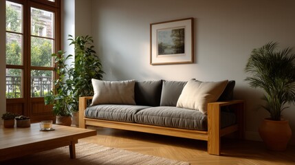 Fototapeta premium Minimal Modern Living Room with Wooden Frame Mockup