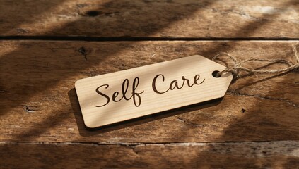 Wooden tag with 'Self Care' text on rustic wooden table, basking in warm sunlight and shadows