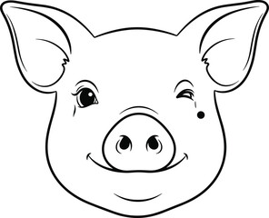 Cute pig face black outline vector illustration, showing a smiling, winking piglet head, perfect for children's coloring books, farm animal themes, and humor.