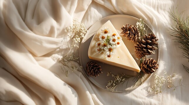 A slice of cake adorned with daisies on a plate surrounded by pine cones and white fabric folds
