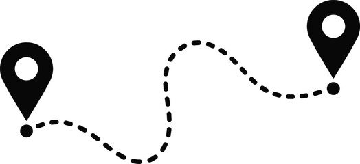 GPS route vector icon black and white, showing a dashed line path connecting two location pin markers, representing travel, navigation, journey, and distance.