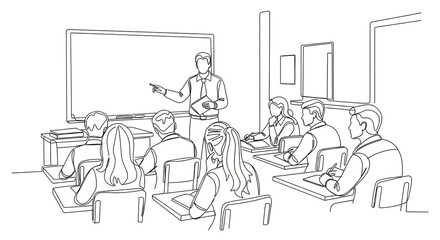 Fototapeta premium Classroom Line Art: Teacher at Whiteboard and StudentsContinuous Line Drawing of Education: Lecture and Seminar SceneMinimalist Teacher and Class Illustration: University Study Concept
