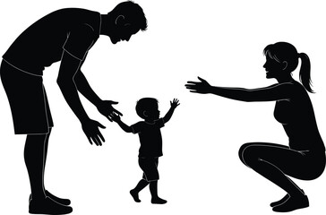 Happy family silhouette of young parents teaching toddler to walk. Child's first steps from father to mother. Vector illustration.