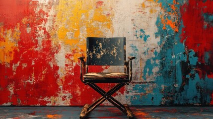 Vintage Director's Chair Against Abstract Textured Wall