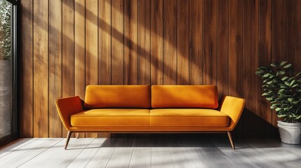 Modern Orange Sofa in Sunlit Wood Paneled Room