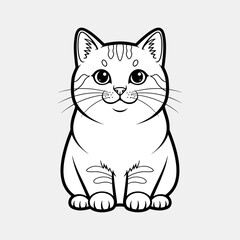 Cute sitting cartoon cat line art illustration, black outline on white background, suitable for coloring.