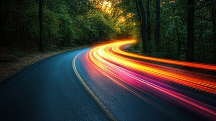 Speeding Car Light Trails on Forest Road at Sunset